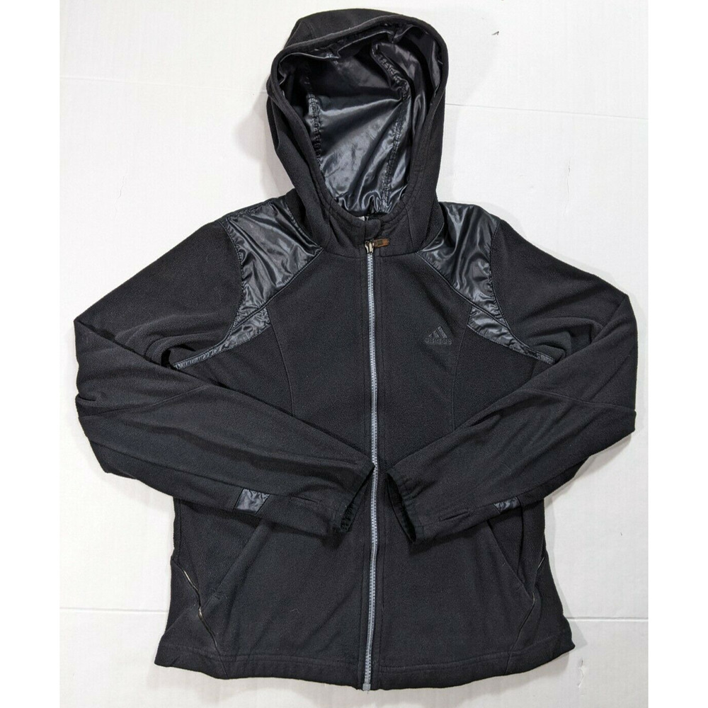 ADIDAS women's size Small black zip up hooded fleece athleisure jacket